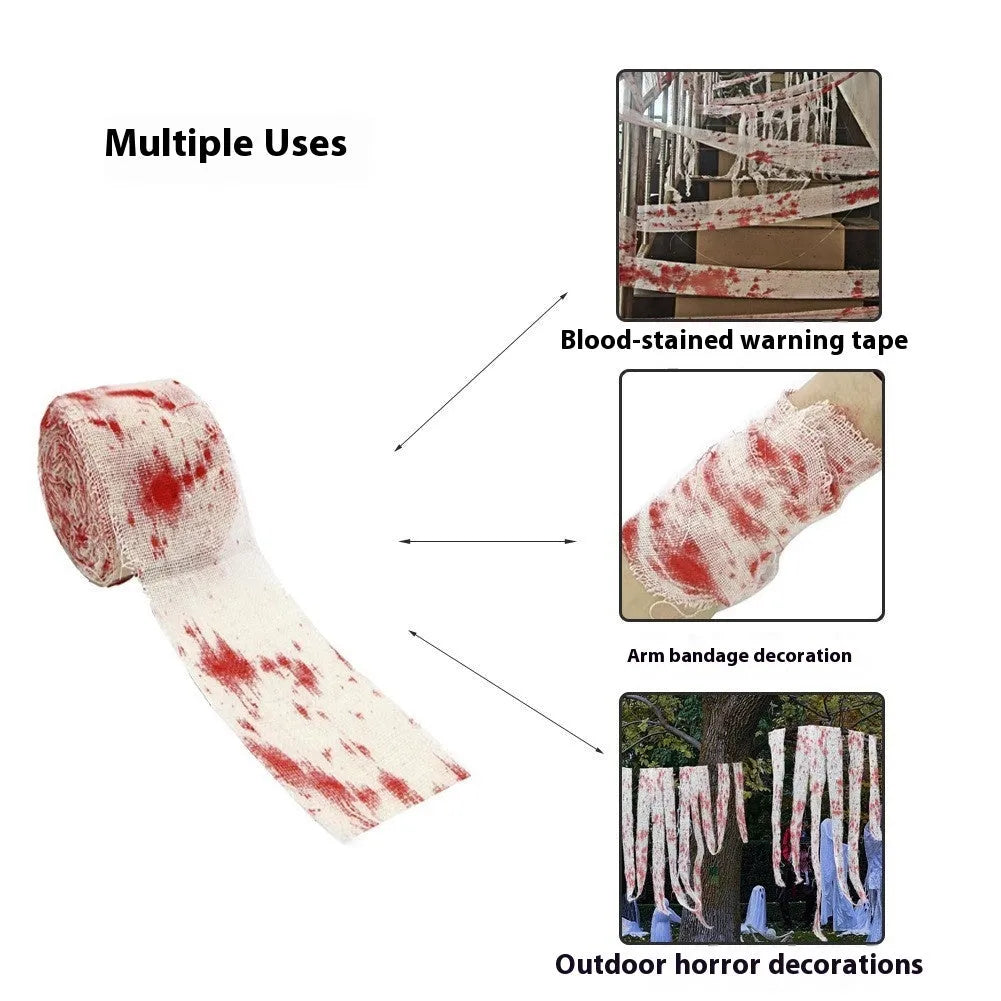 Halloween horror bandage roll showing 8cm wide polyester gauze with bloody red dyed finish