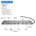 Grey aluminium alloy ten-port USB C docking station with cooling bracket showing HDMI, VGA and Ethernet ports