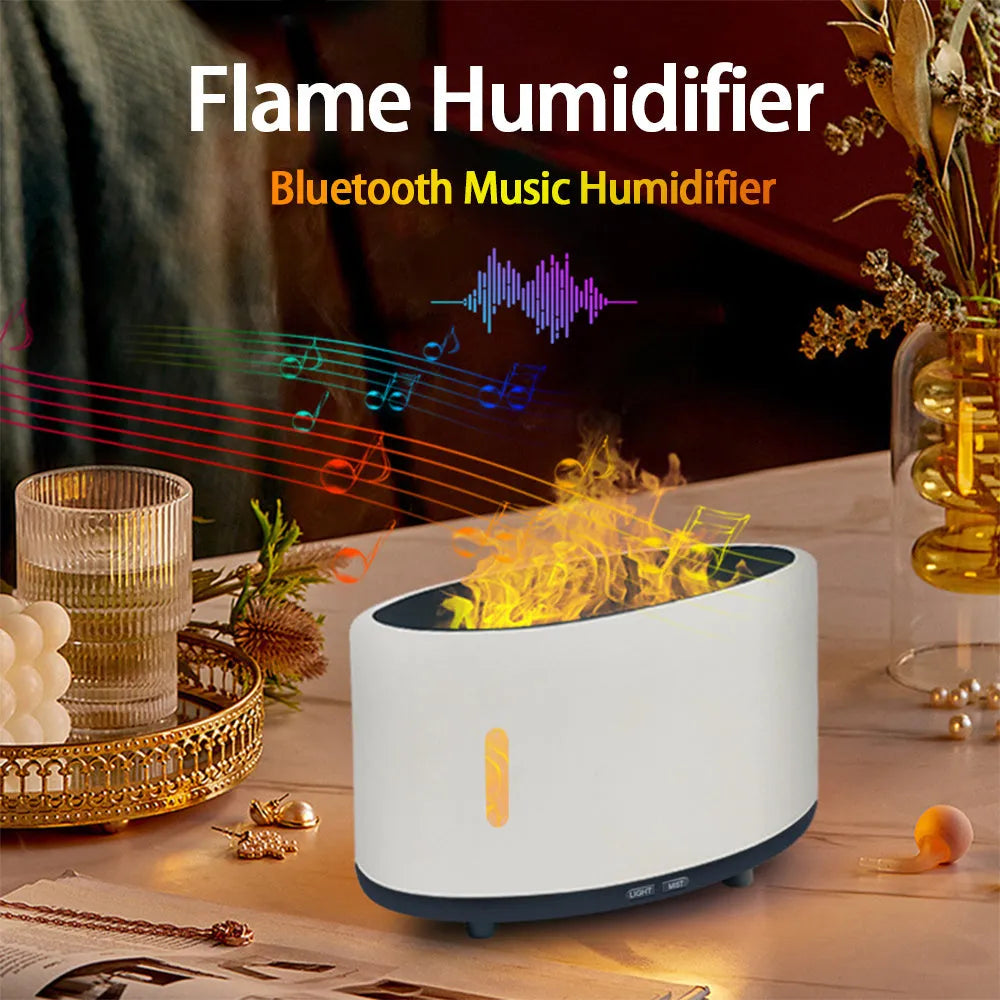 Flame humidifier with Bluetooth remote control and LED light in dark wood grain finish