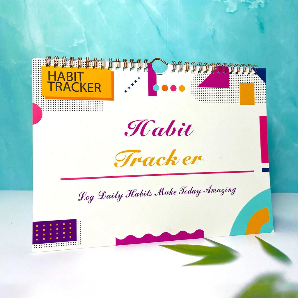 English habit tracking book with 12 pages measuring 21cm by 28cm in multiple colour options