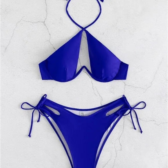 Women's solid colour halter neck bikini set on a mannequin, shown in brown.