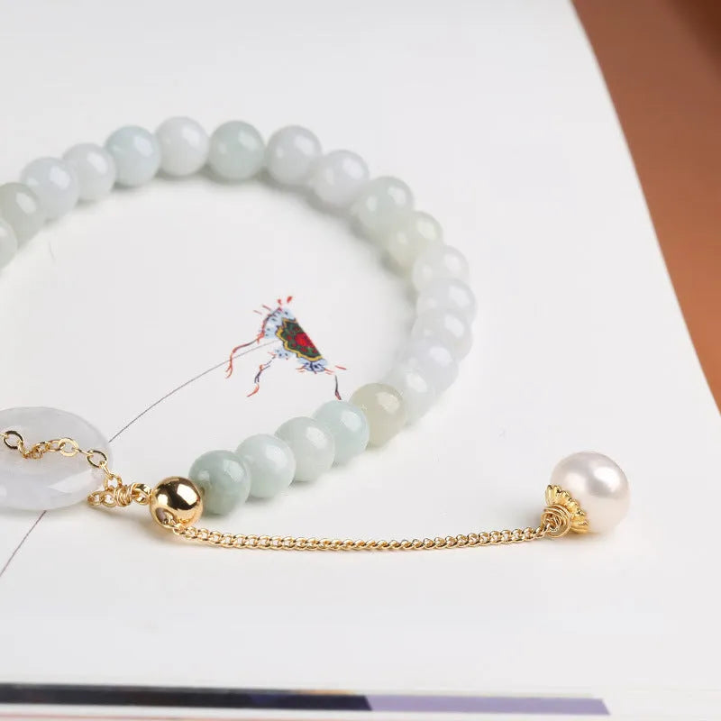 Natural emerald peace buckle jade pearl bracelet for women with geometric national style design