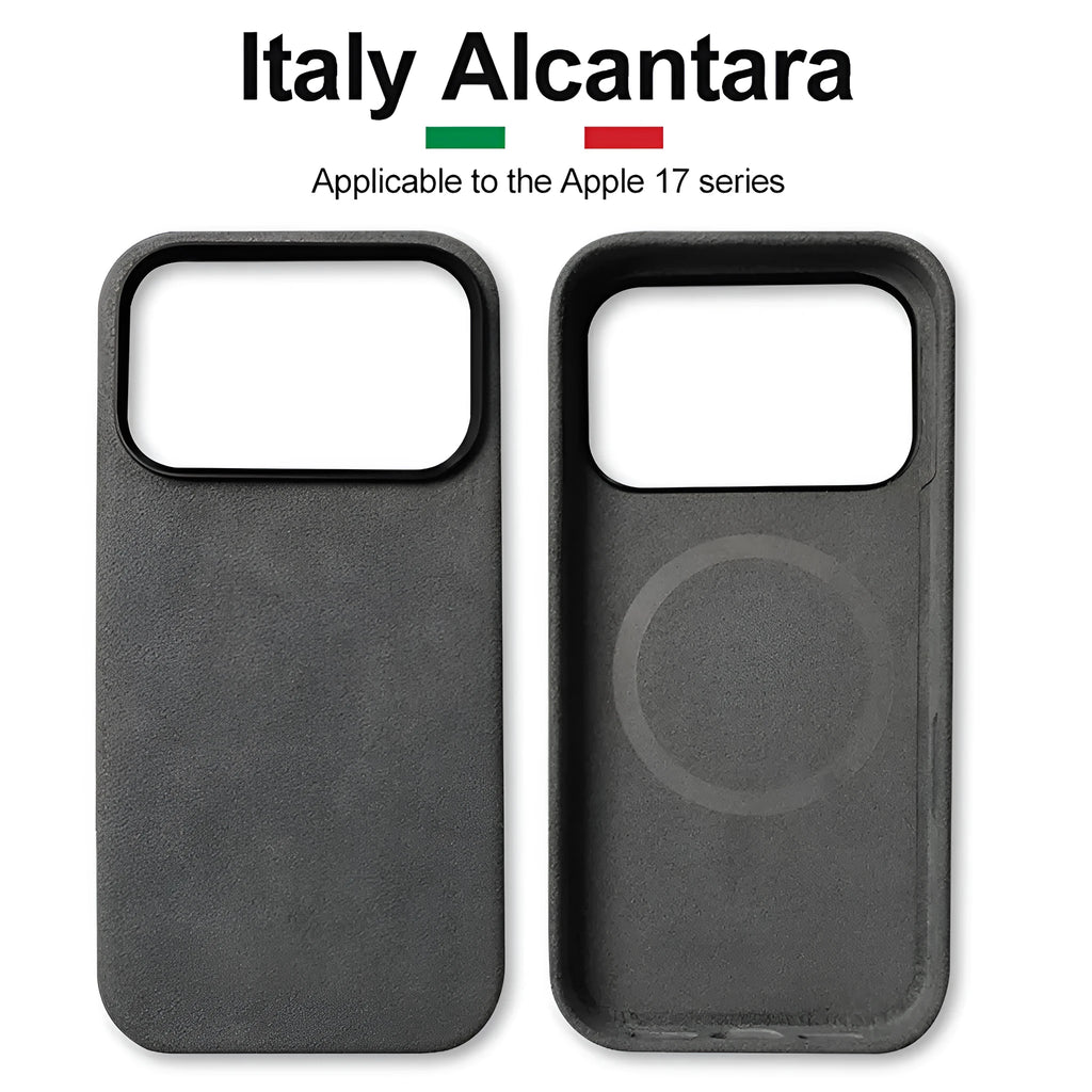 Handmade Alcantara phone case for iPhone 17 Pro Max, dark gray, with magnetic suction and anti-fingerprint finish