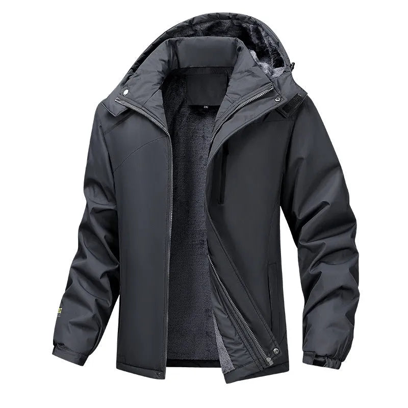 Men's plus size loose hooded coat in Army Green, showing waterproof polyester construction