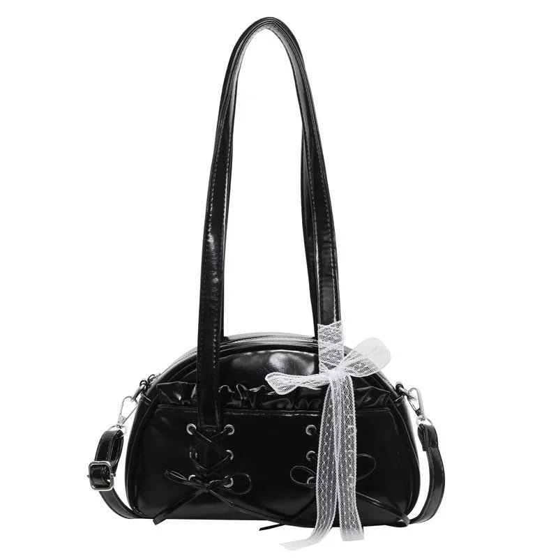 Casual ladies shoulder handbag with bandage bow detail in PU material showing mobile phone compartment