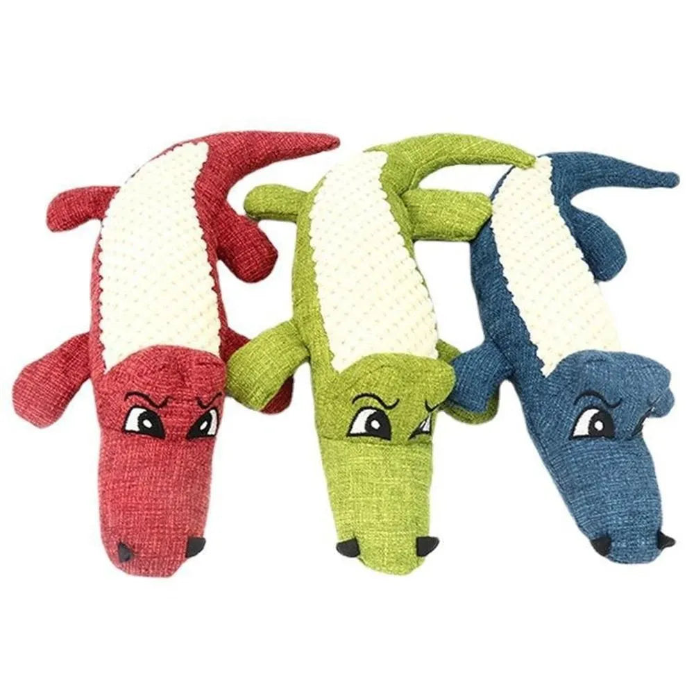 Plush squeaky dog toy in blue with linen fabric, 29cm length, on white background