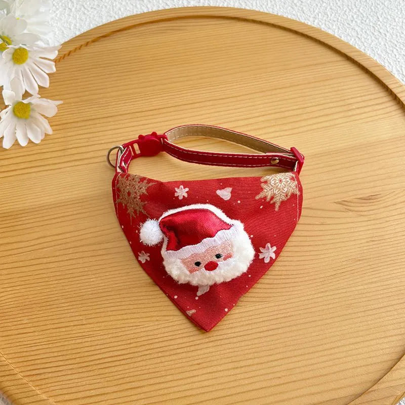 Red Christmas pet handkerchief scarf with Santa Claus and Christmas tree appliques, adjustable collar fit 9.06-15.75 inches.