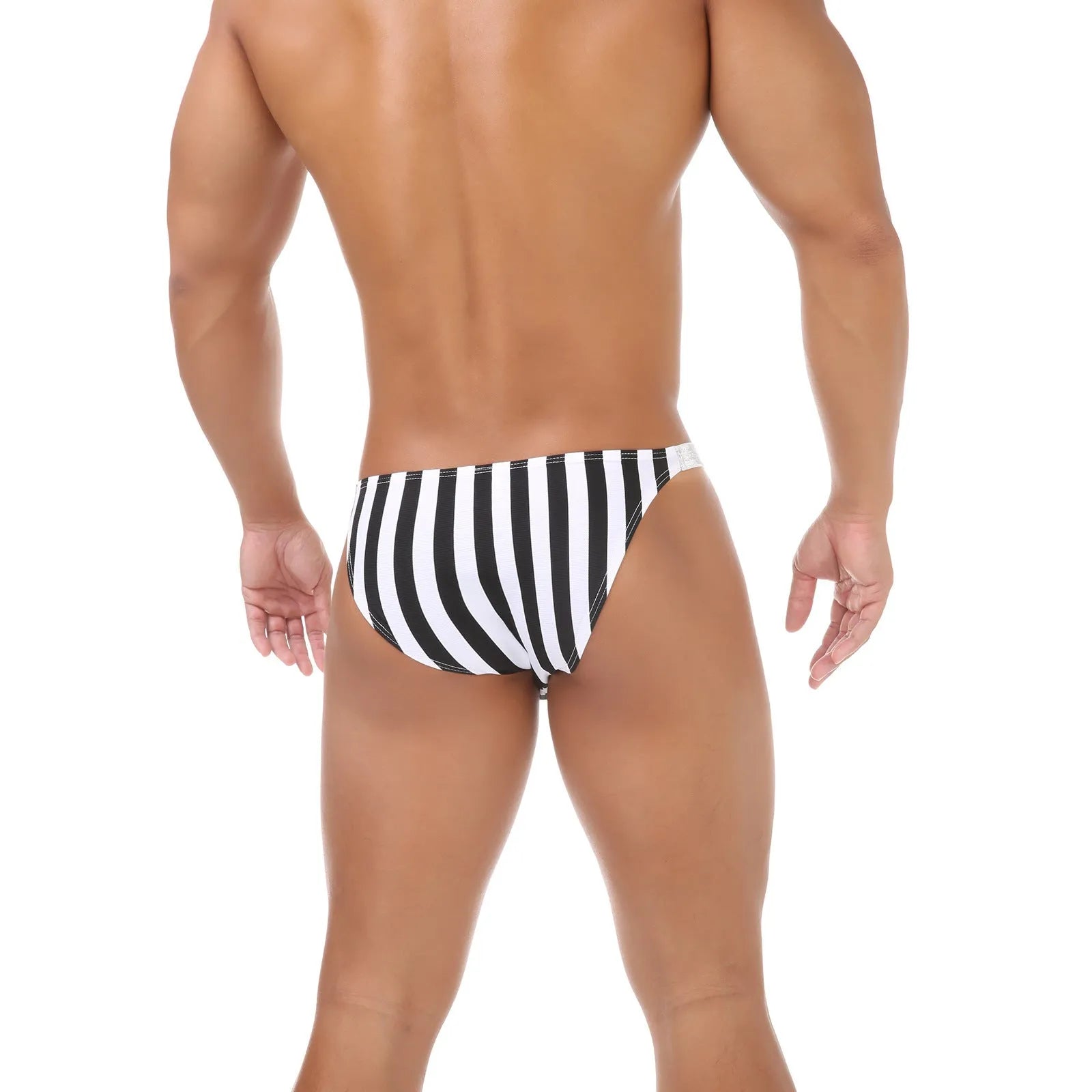 Men's zebra stripe nylon briefs with U pouch design and low waist cut