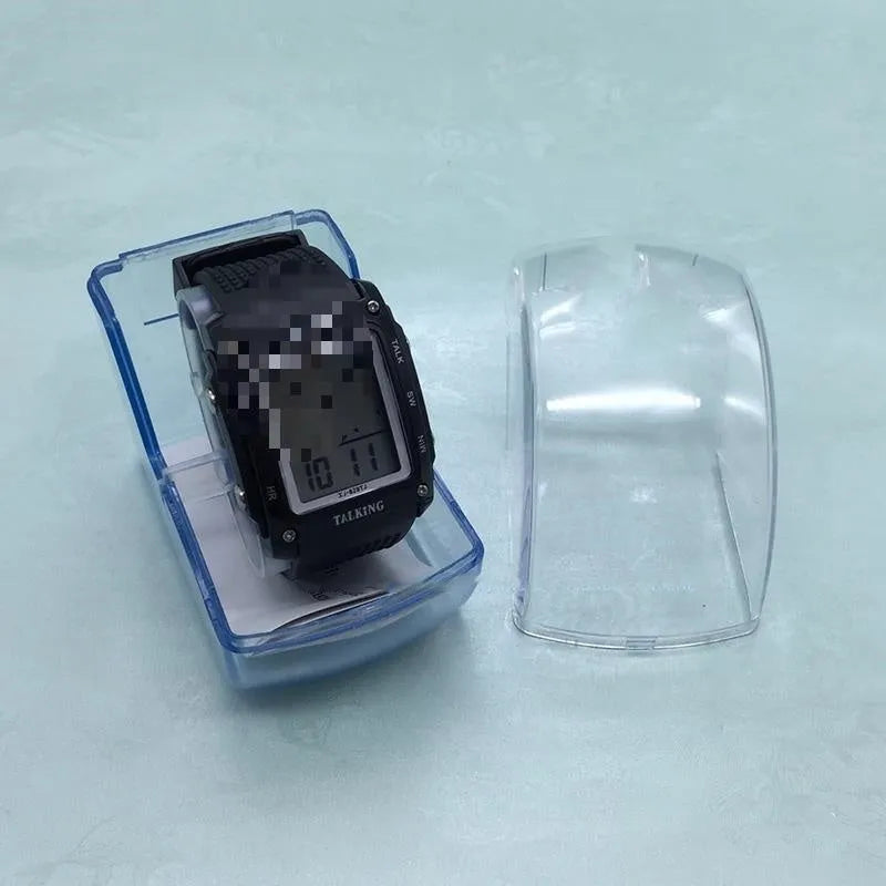 Black electronic talking watch with one-click voice time announcement, 15mm thick, for elderly users
