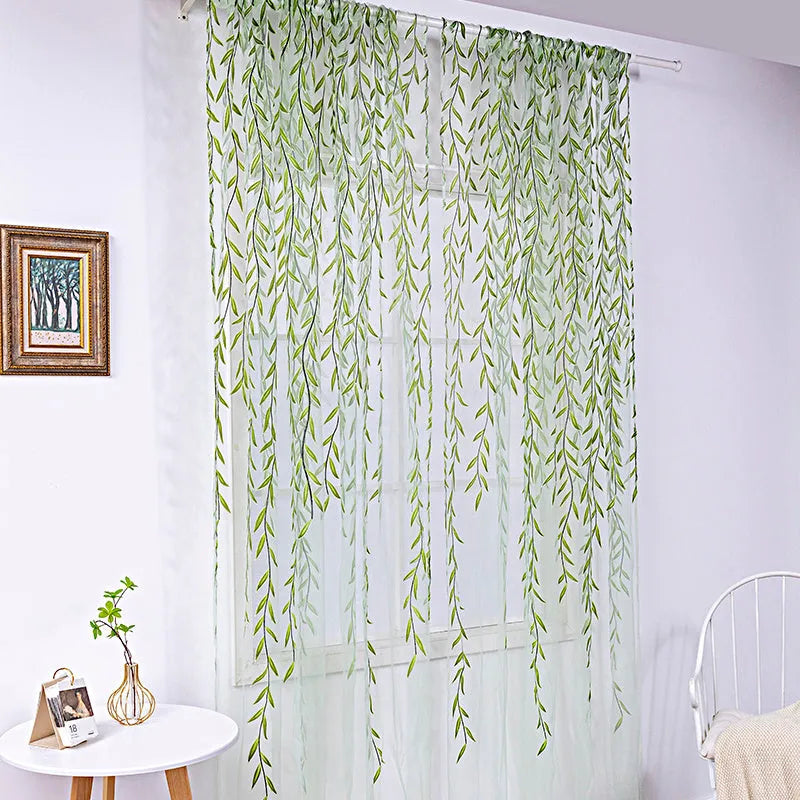 Inverted willow wicker pattern offset print curtain panel in green on white background