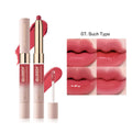 Double-headed lipstick and lip gloss in matte finish showing ten available shade options