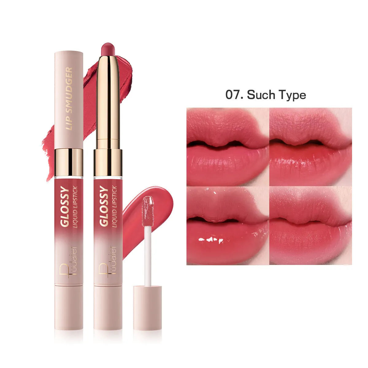 Double-headed lipstick and lip gloss in matte finish showing ten available shade options