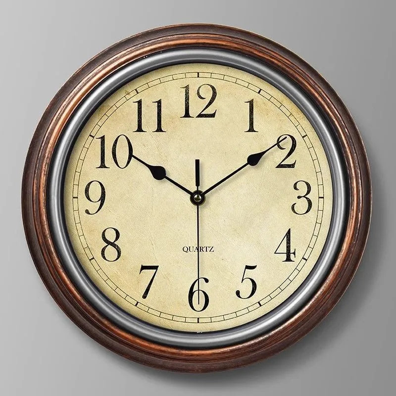 American retro noiseless wall clock 12 inch diameter 29cm glass shell punch-free golden circle Arabic numerals