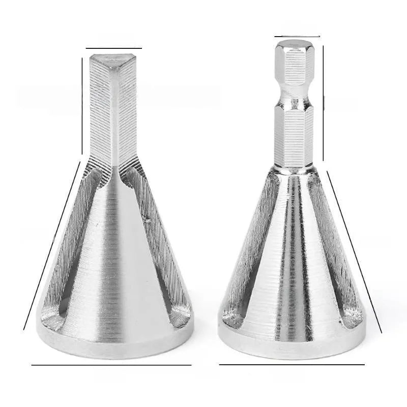 Single high-speed steel deburring chamfering drill bit with hexagonal three-groove shank on neutral background