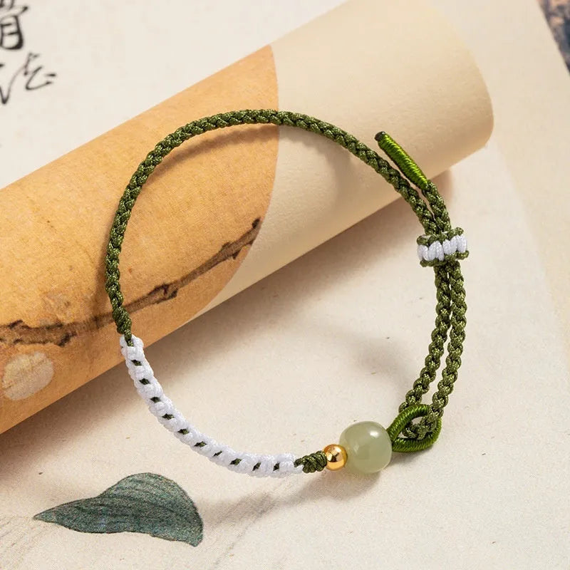 Hetian jade carrying strap bracelet with adjustable cord and electroplated spring colouring