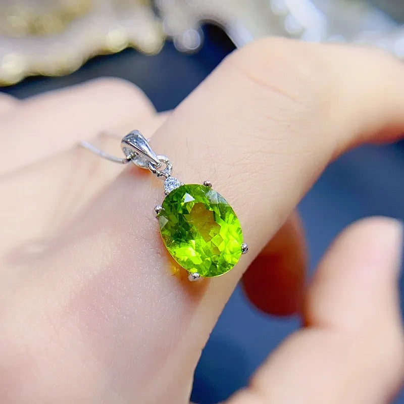 Natural peridot pendant necklace for women, 925 silver with platinum finish, green gemstone casual style