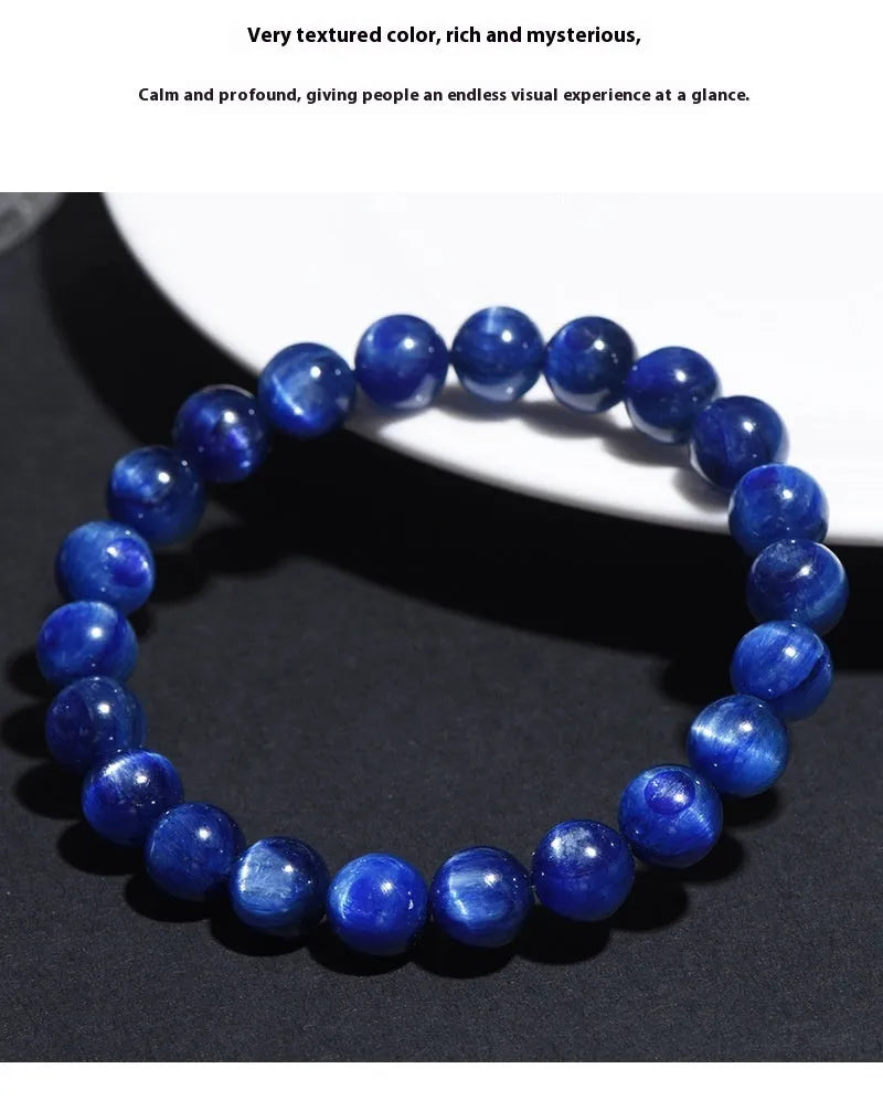 Blue crystal bracelet with geometric Ruyi design showing polished beads in various diameter options