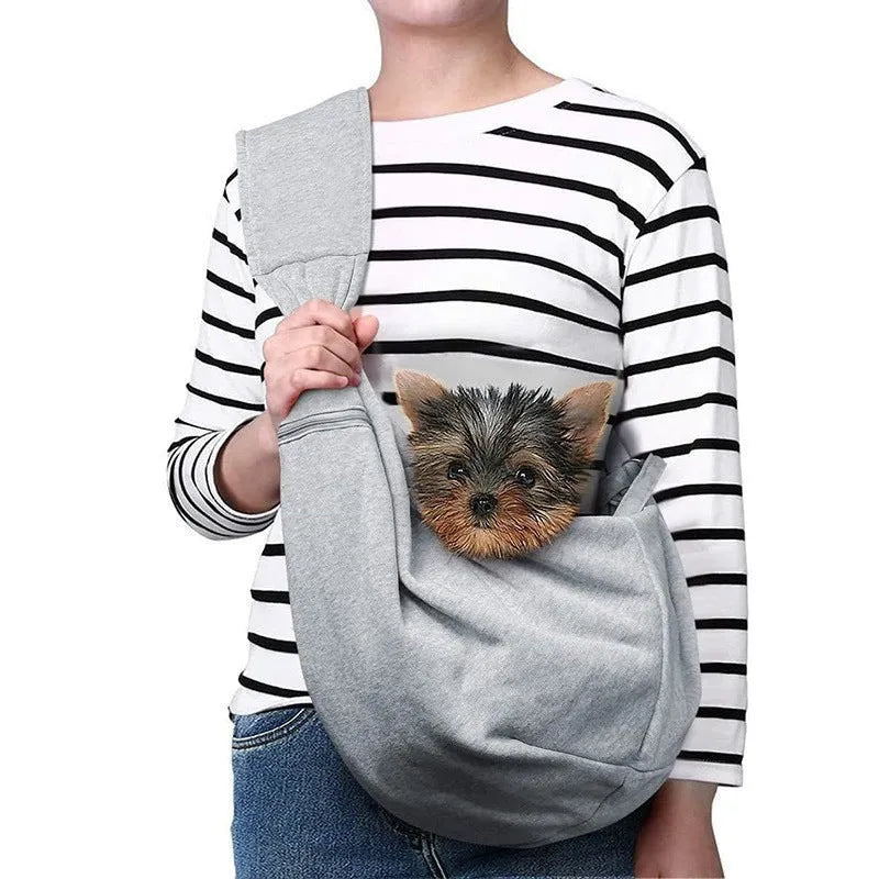 Crossbody folding flannel pet bag in gray, 20L capacity, with breathable fabric and shoulder strap