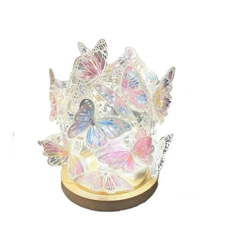 Butterfly design night light with glass shade on raw wood base, battery operated bedroom lamp