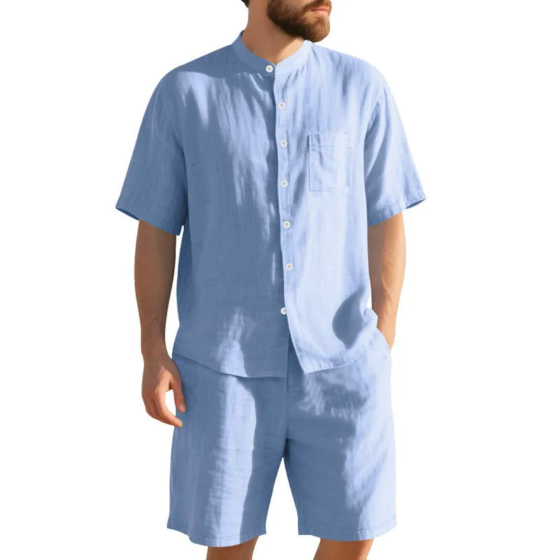 Men's light blue linen blend Henry collar shirt jacket and matching shorts summer suit set