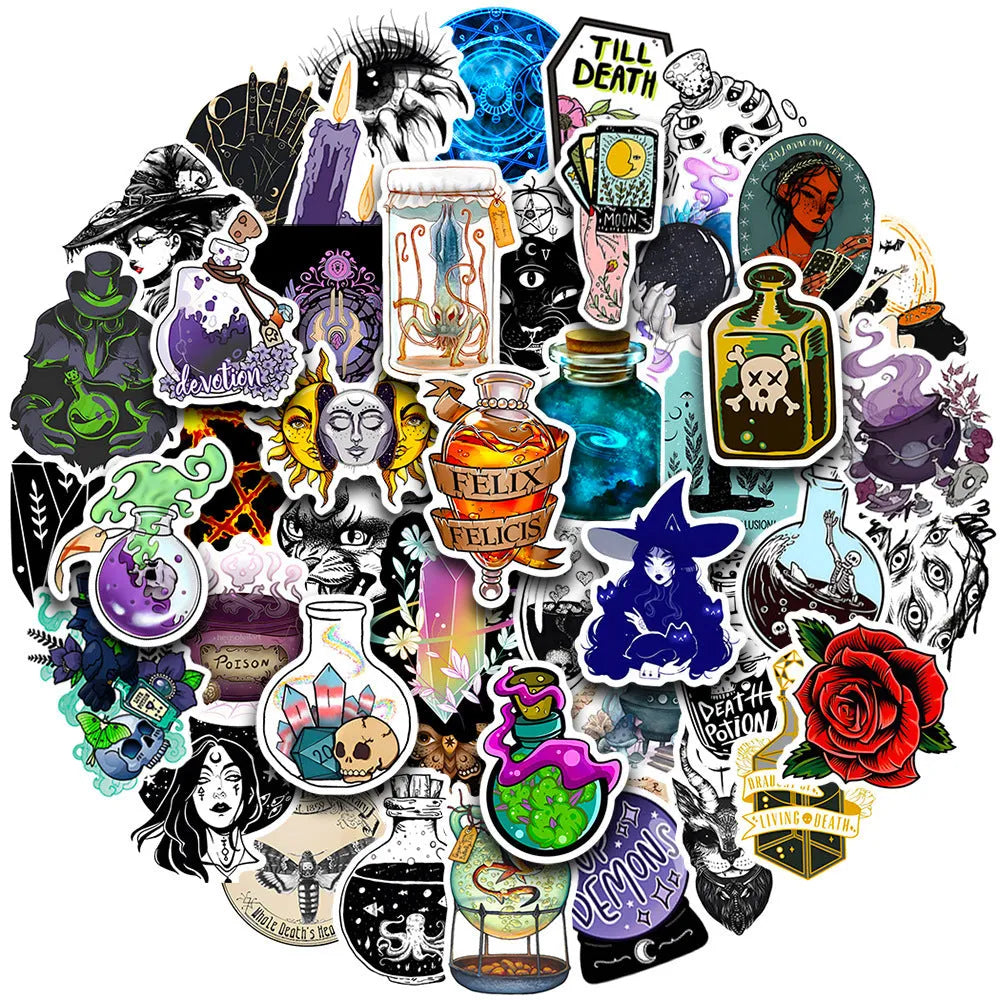 Pack of 50 colourful waterproof PVC vinyl stickers for laptops and skateboards on a smooth surface