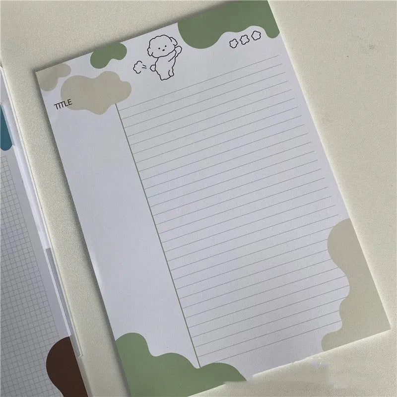 B5 sticky note pad with Korean PP puppy illustration on purple cover, showing 30 sheets of double-tape paper