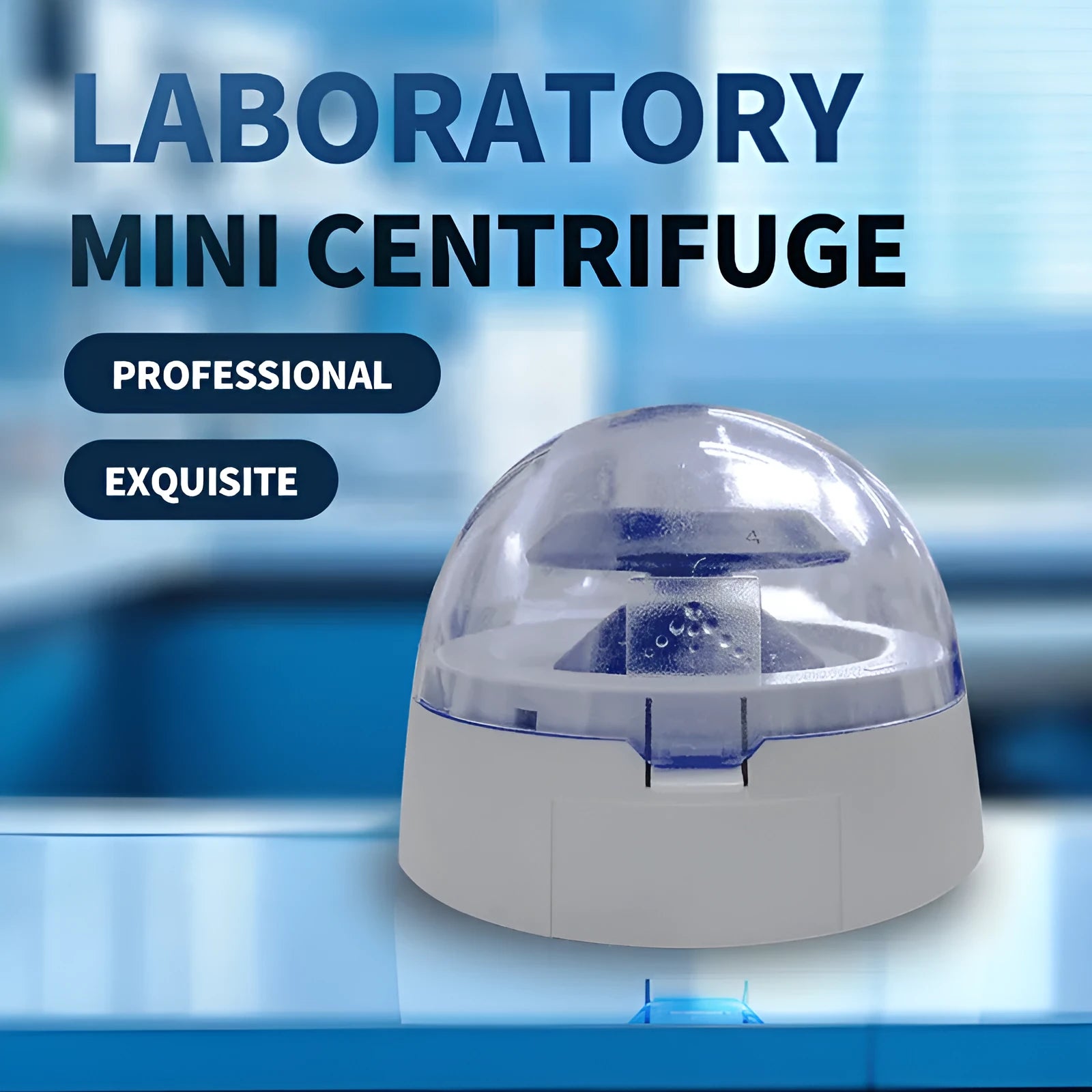 Mini laboratory electric centrifuge unit on a bench, showing compact size.