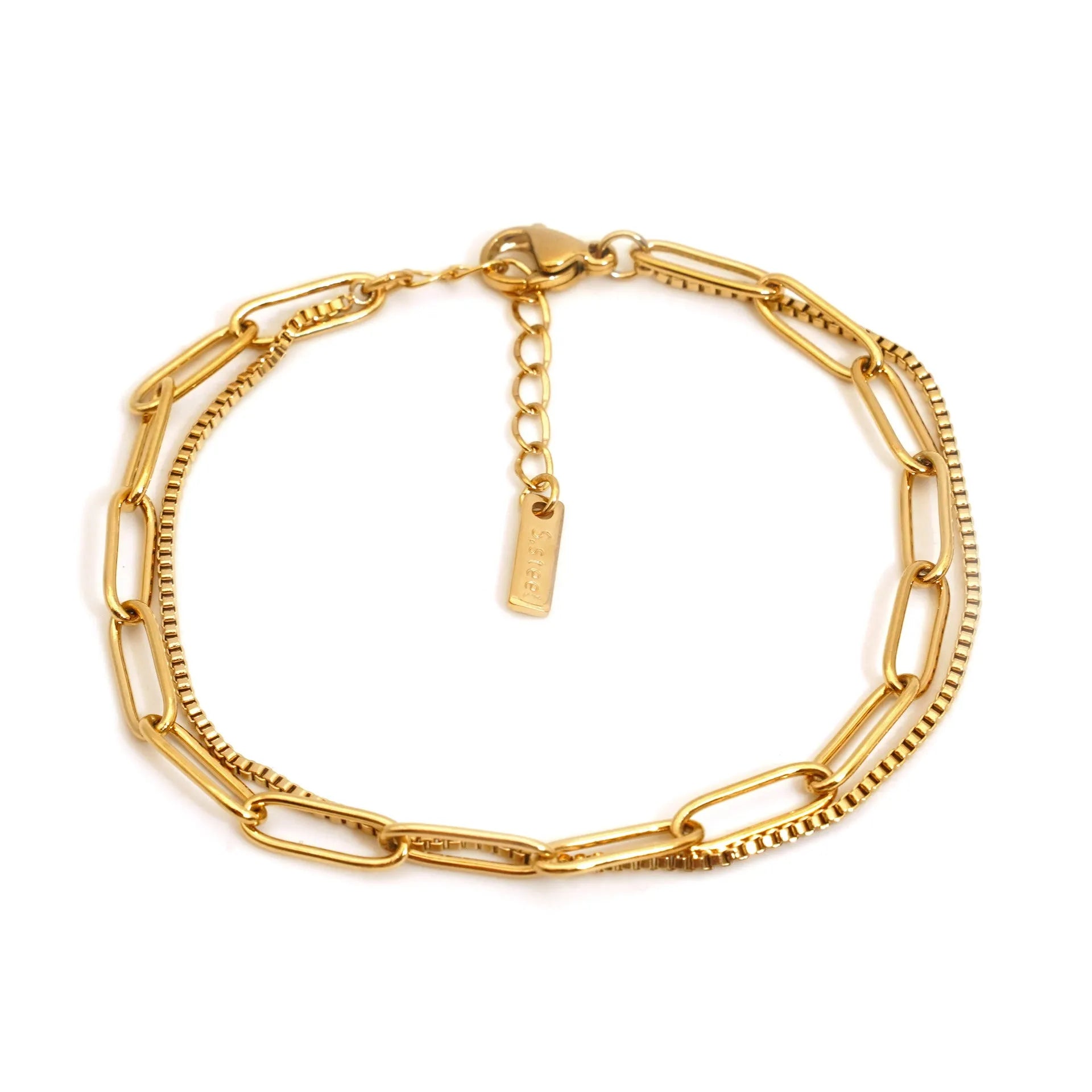 Women's double layer titanium steel bracelet with geometric design in gold or silver electroplated finish