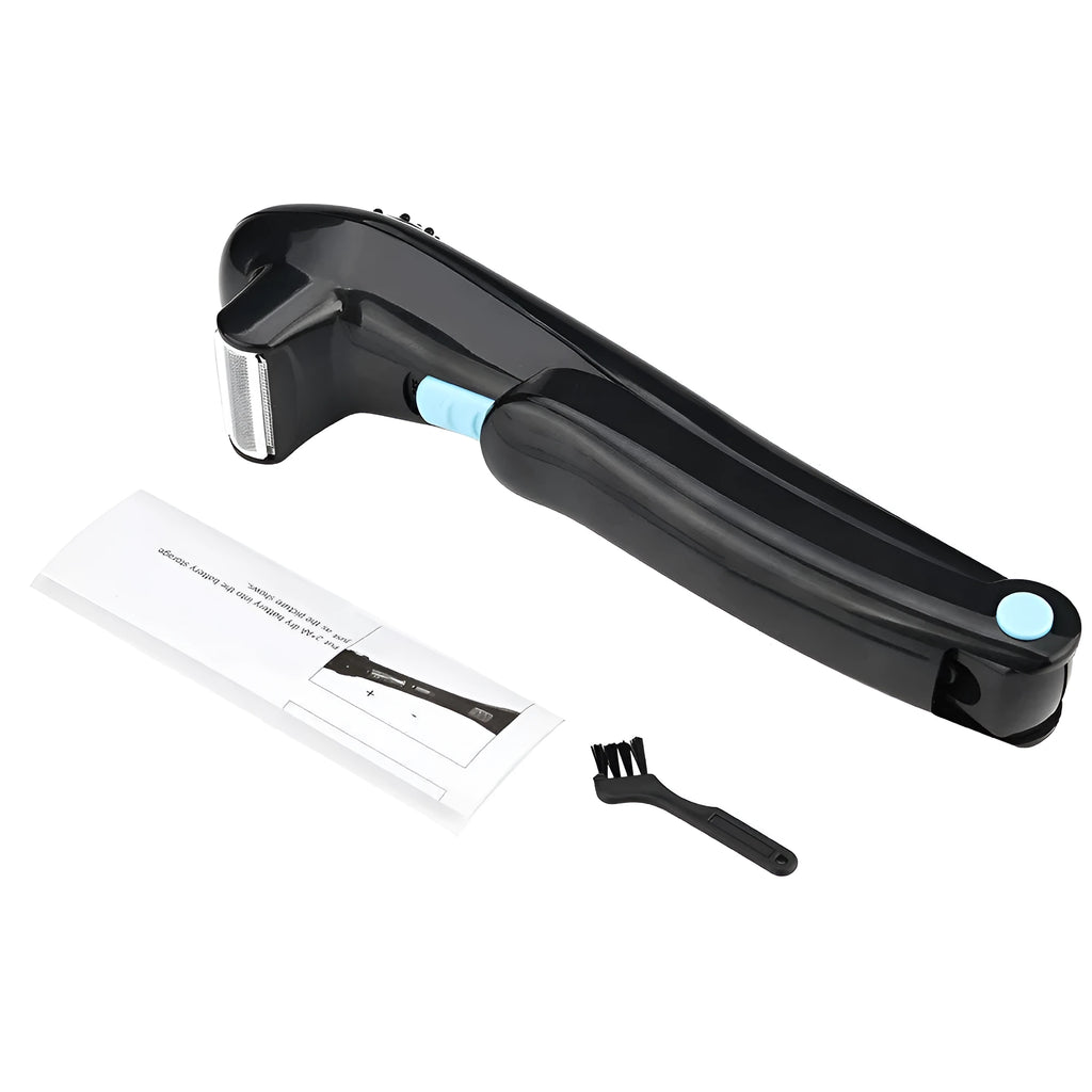 Black foldable electric body shaver showing compact storage design