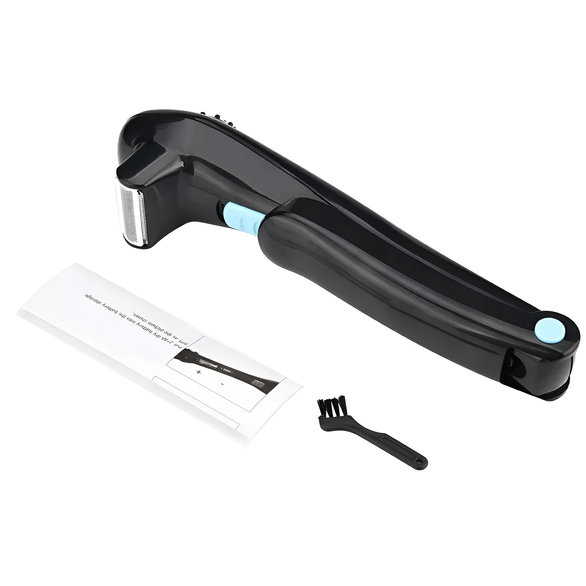 Black foldable electric body shaver showing compact storage design