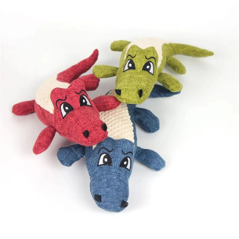 Plush squeaky dog toy in blue with linen fabric, 29cm length, on white background