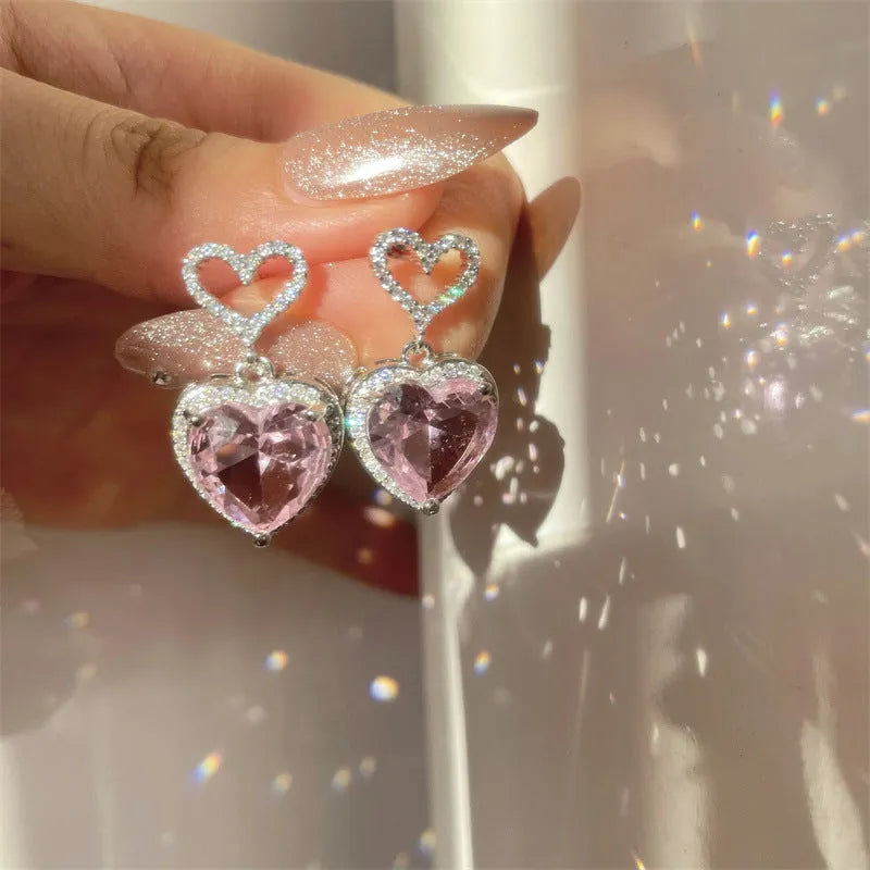 Pink crystal heart earrings on copper base, 26x15mm, 7g, 2023 new light luxury fashion jewellery for women girls