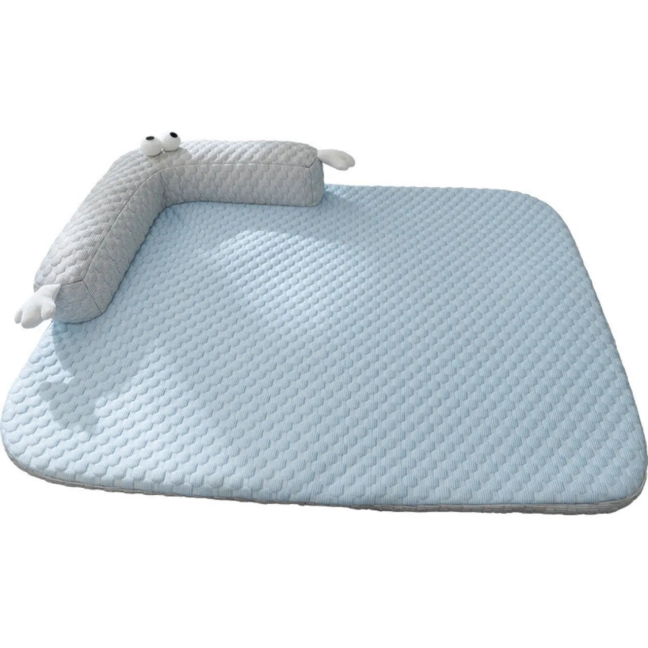 Blue big-eyed monster design non-slip pet cushion for dogs and cats on a wooden floor.