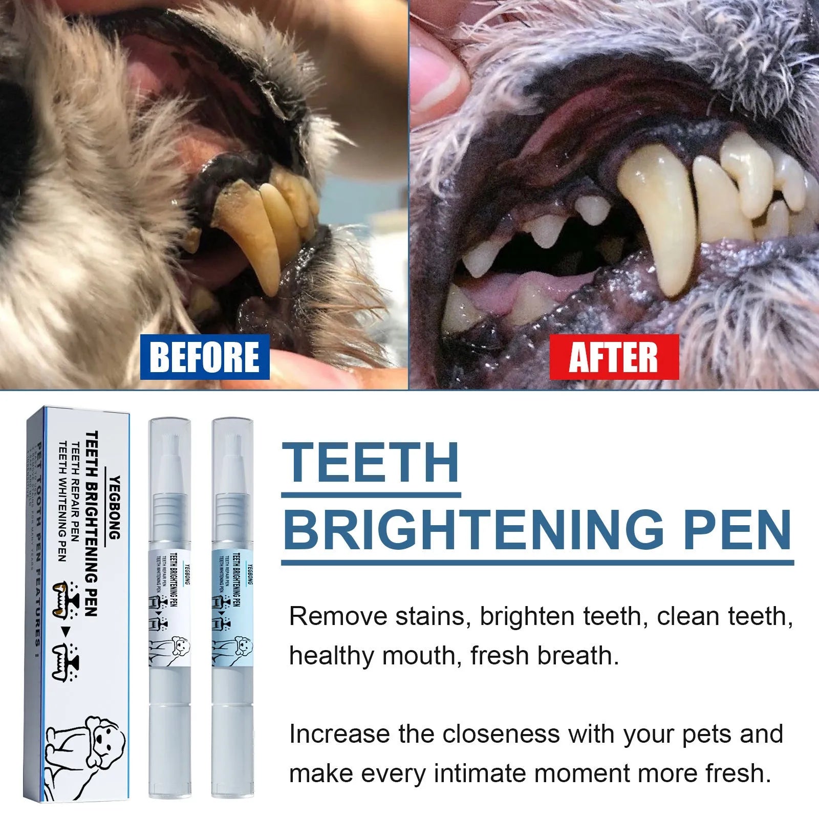 Yegbong pet teeth whitening pen kit with two 3ml pens and two dental brushes.