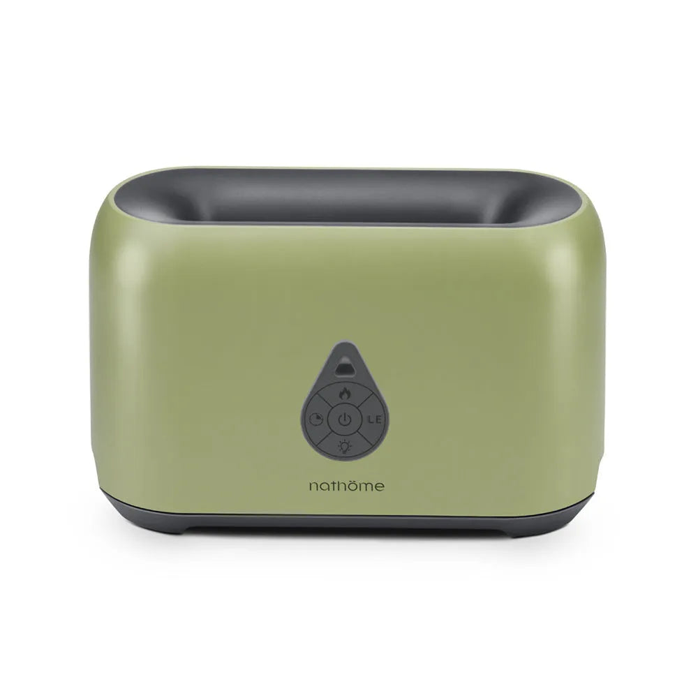 Mini remote control flame diffuser air humidifier, round plastic USB humidifier with one fog outlet, shown in white, pink, green, or grey