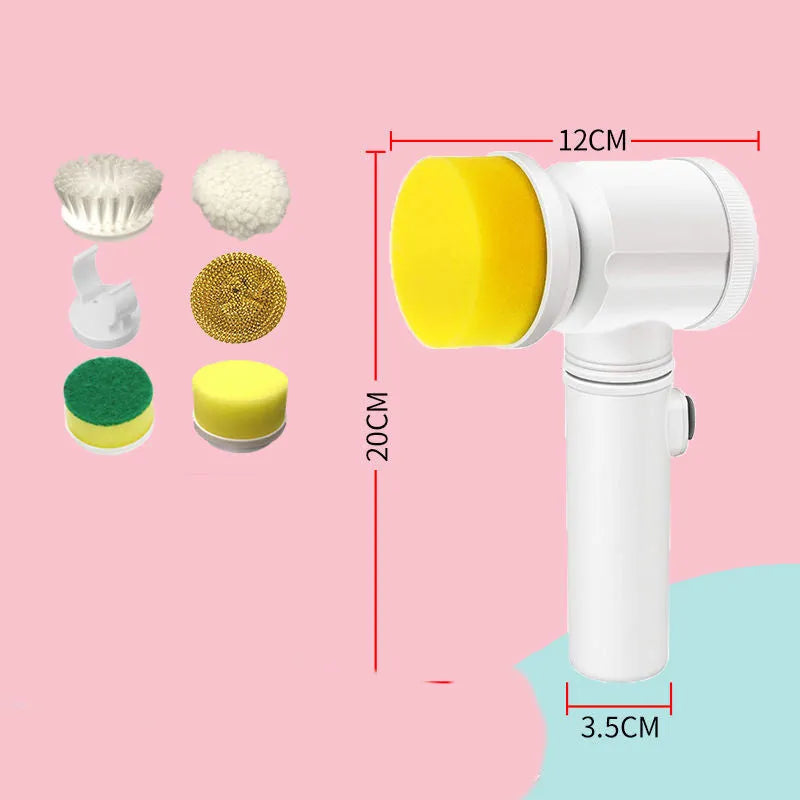 Electric kitchen cleaning brush with replaceable nylon and sponge brush heads for automatic scrubbing