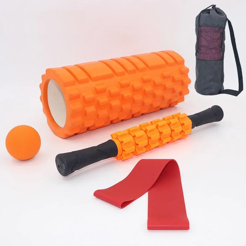 Black handheld foam massage roller stick with six gear pieces, 33cm long