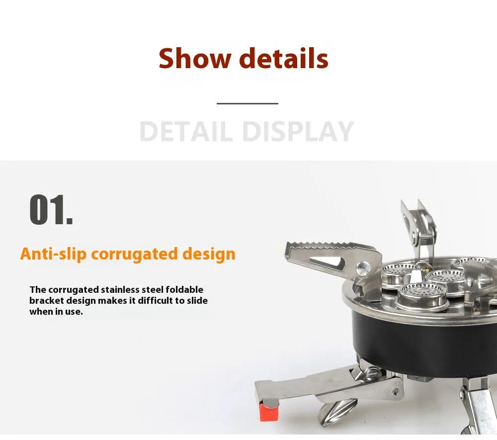 Silver portable split camping stove with fuel hose, shown folded, for outdoor picnic and backpacking.