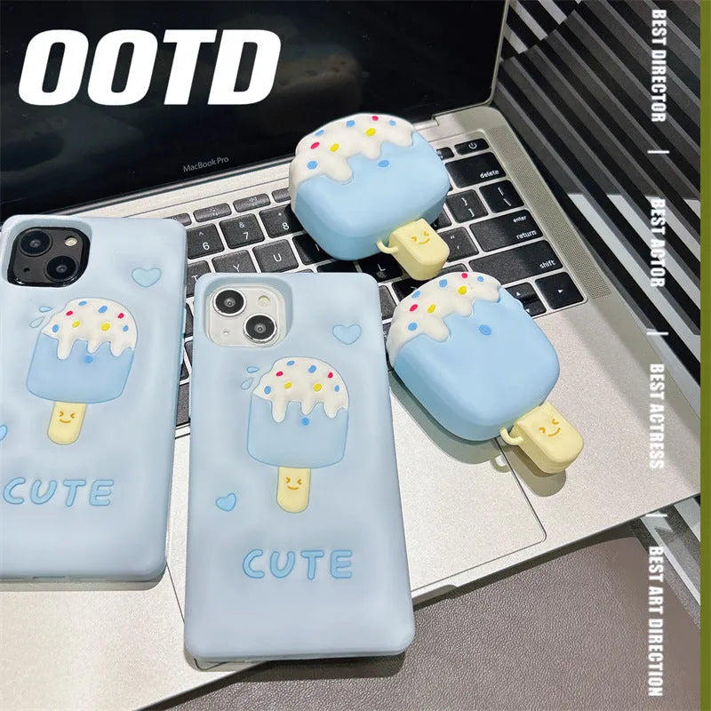 Silicone ice cream cartoon protective cover for Apple AirPods case in blue snow strip hook design
