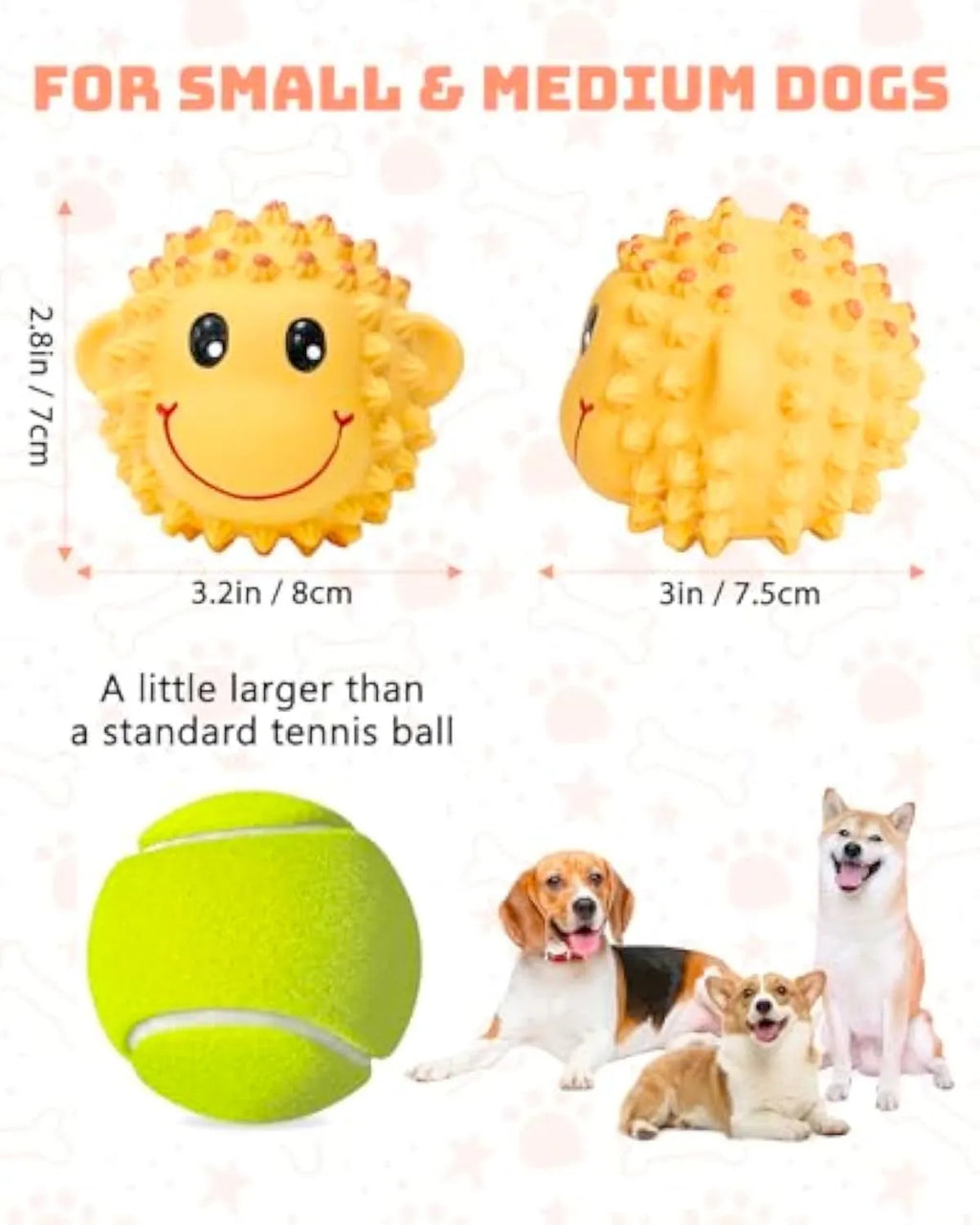 Orange and yellow latex squeaky dog toys with spiky texture for teeth cleaning
