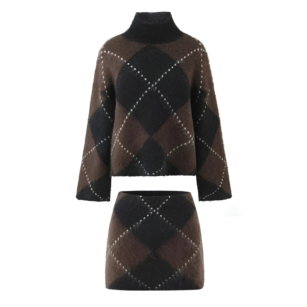 Turtleneck pullover loose knit sweater and skirt suit two-piece set for women street fashion long skirt printed polyester