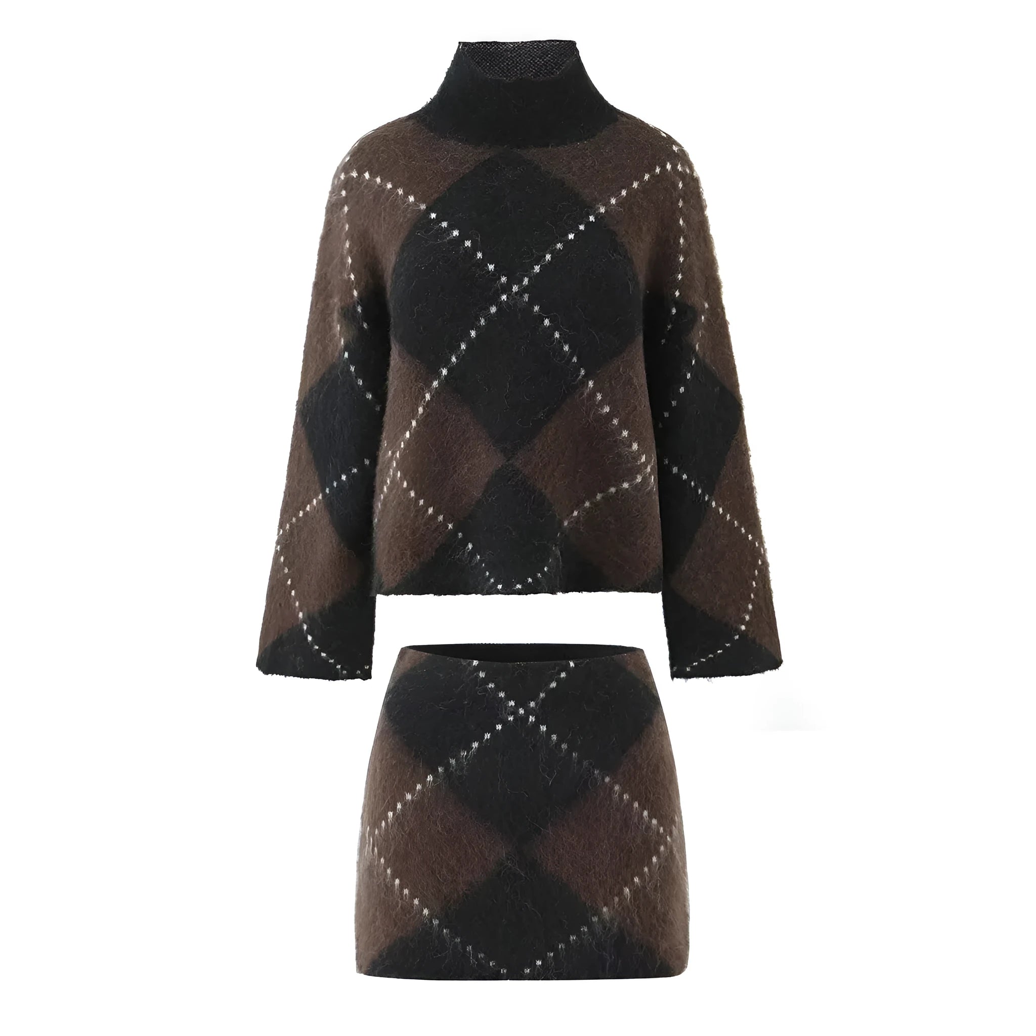 Turtleneck pullover loose knit sweater and skirt suit two-piece set for women street fashion long skirt printed polyester