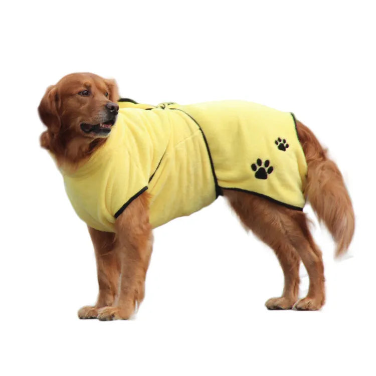 Yellow coral fleece embroidered pet pajamas worn by a small dog, soft absorbent fabric bathrobe style