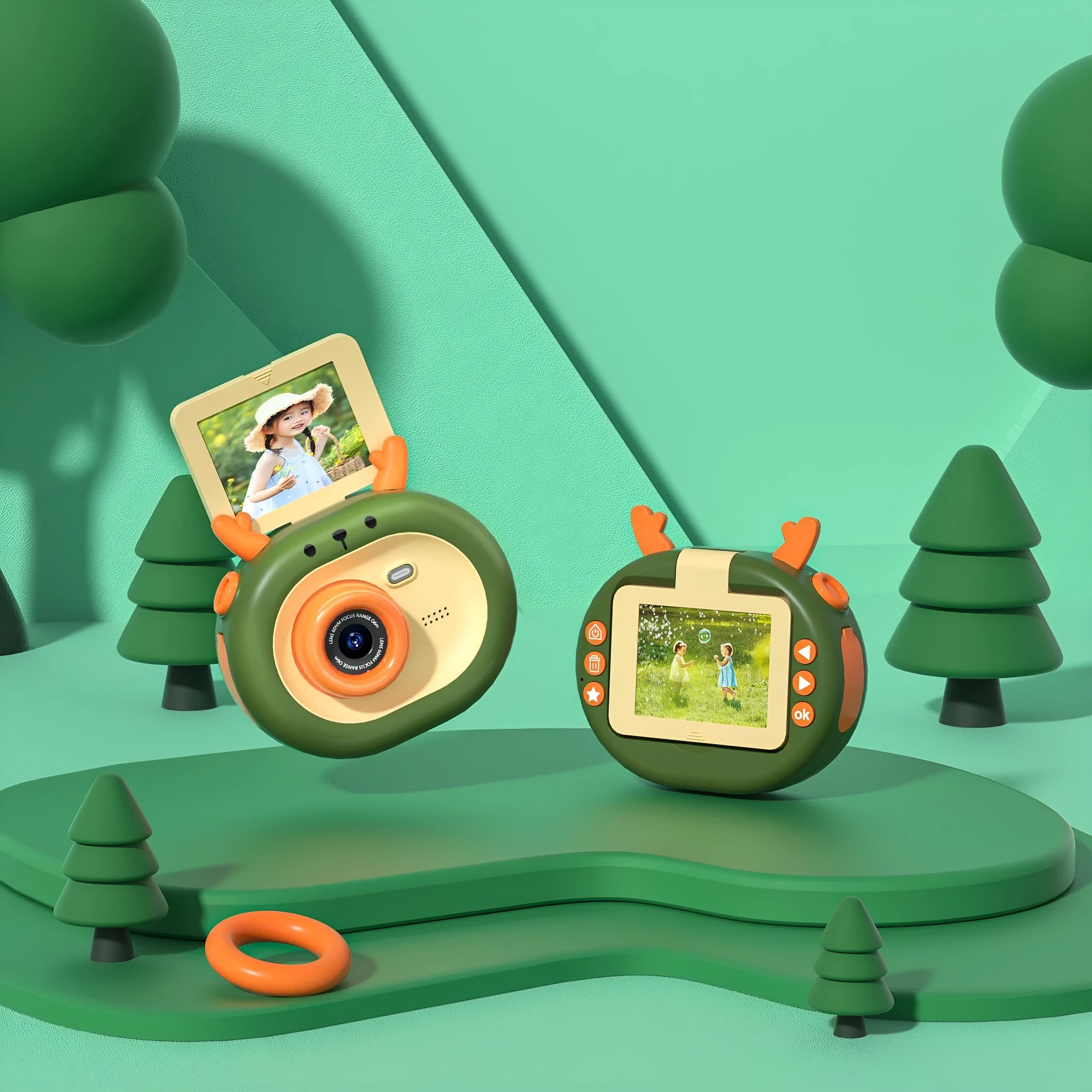 Purple and dark green children's digital camera with flip screen showing front and back views with accessories