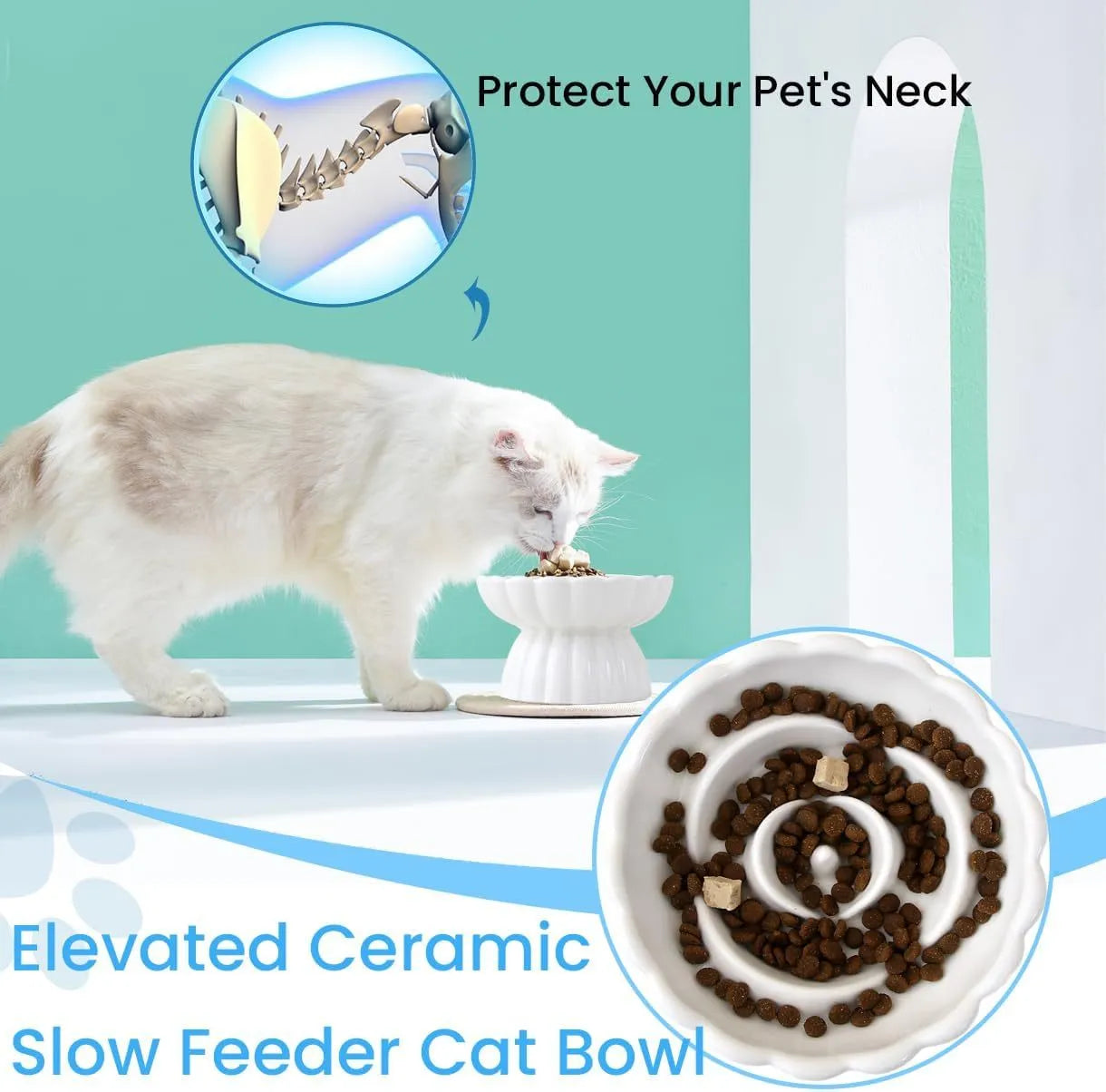 Ceramic flower pool slow feed dish for cats and small dogs with higher edges, in white