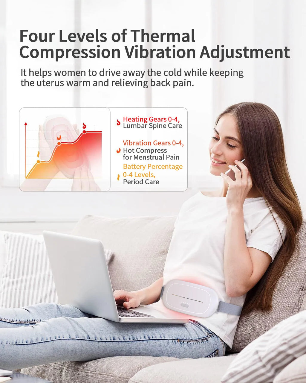 A white, cordless uterine warming device with soft silicone pads and a magnetic charging cable.