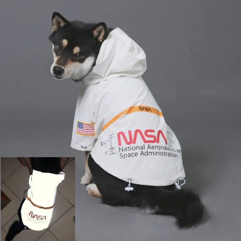 Tide windproof rainproof reflective space suit pet raincoat in white on a dog