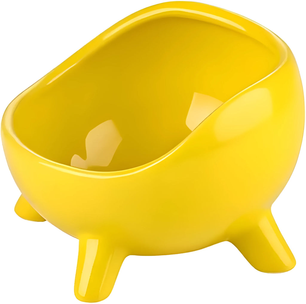 Green ceramic pet food bowl with four legs and wide mouth opening for cats and small dogs