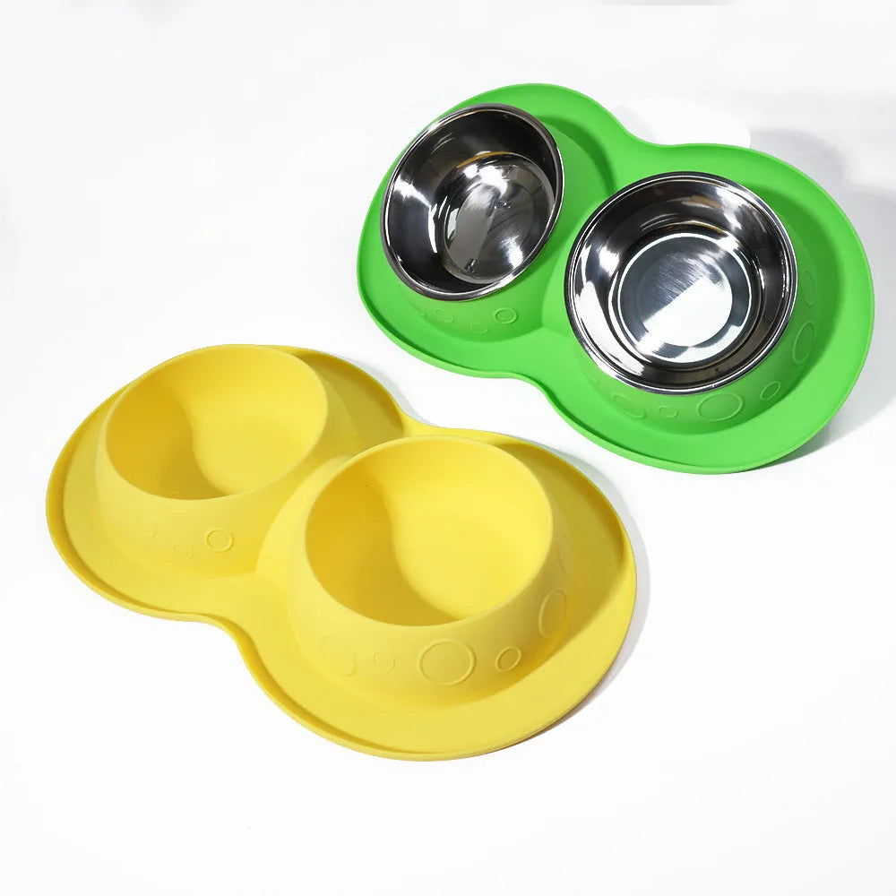 Blue silicone non-slip waterproof pet feeding mat with raised edge and bowl area, 45x30cm