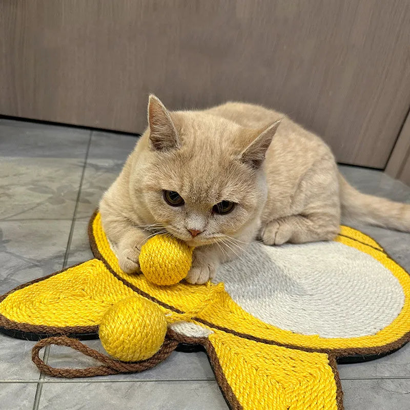 Yellow cat scratching pad with Corgi dog butt design, made from sisal with a grey anti-slip base.